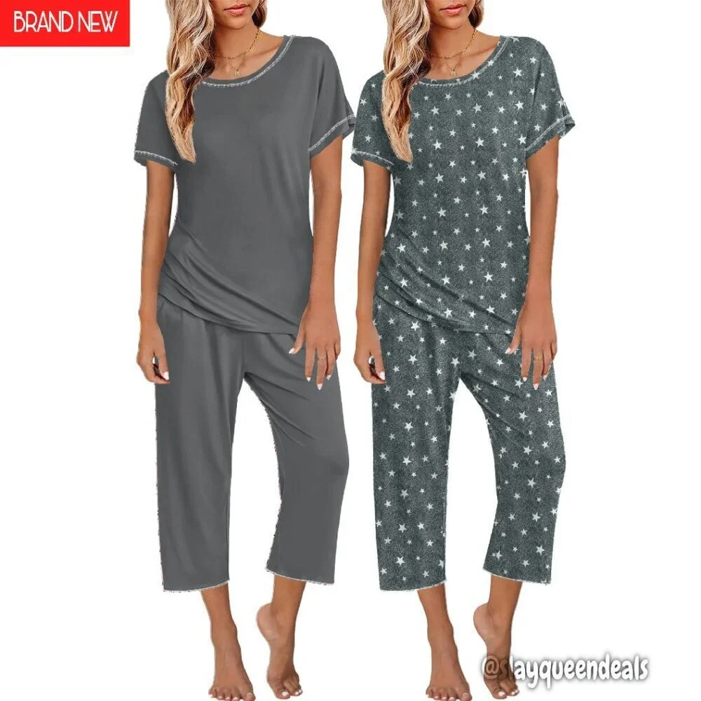 2 Pack Women's Pajama Set Short Sleeve Top Capri Pants Sleepwear